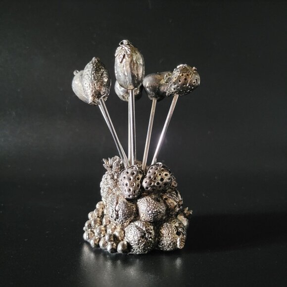 Vintage Silver Fruit Themed Hors d'oeuvres Picks / Forks with Holder - Six Picks - Picture 1 of 8